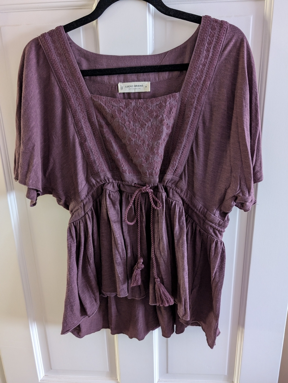 Lucky Brand Women's Mauve Lace-Trim Peplum Tie-Front Top